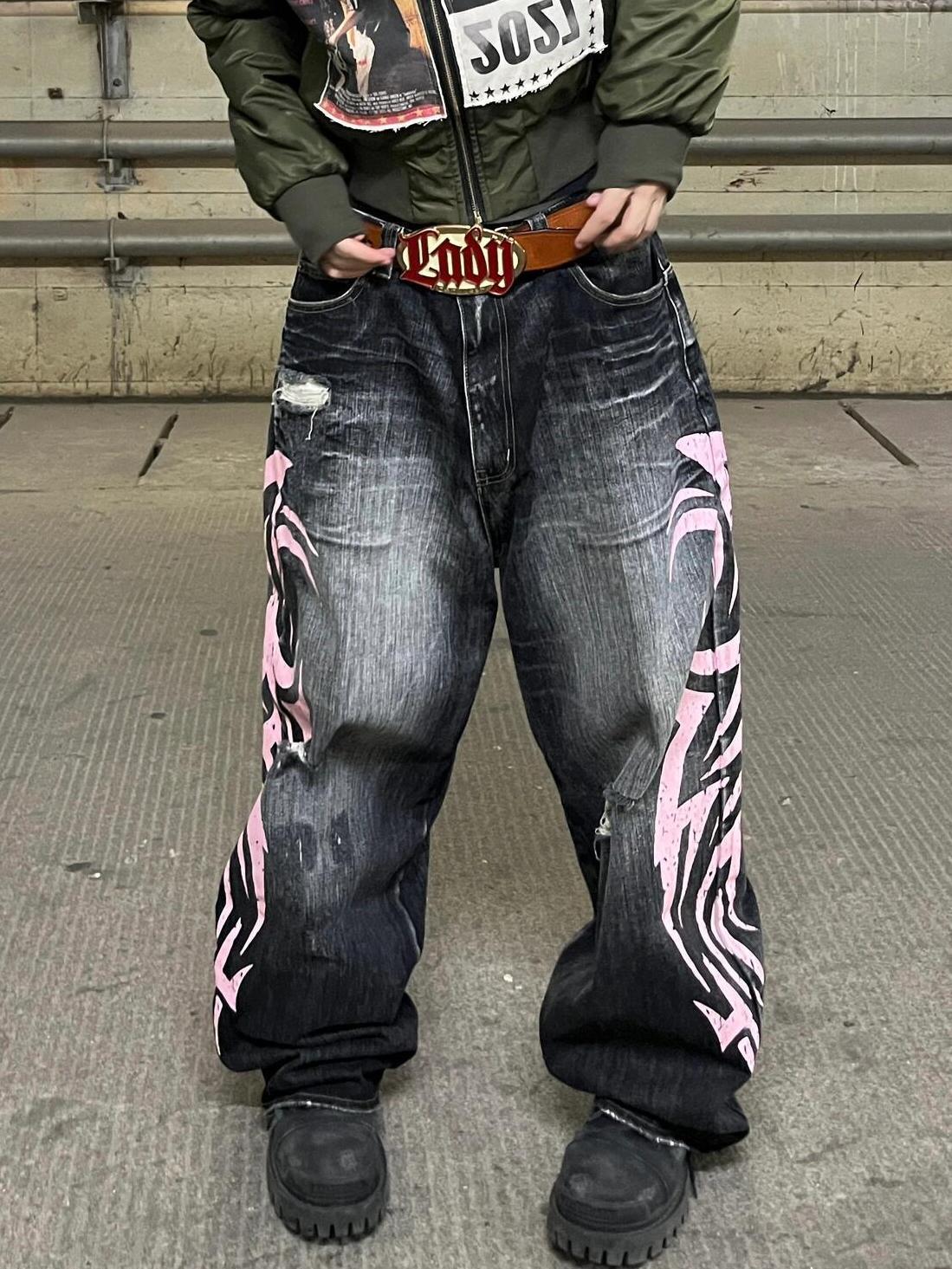 Retro Printed Wide Leg Denim Pants