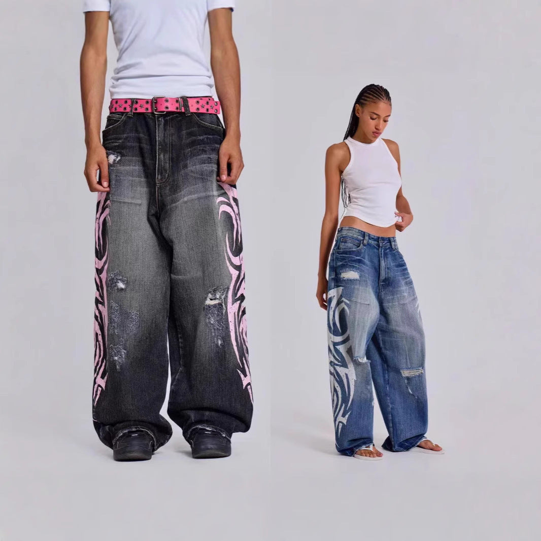 Retro Printed Wide Leg Denim Pants