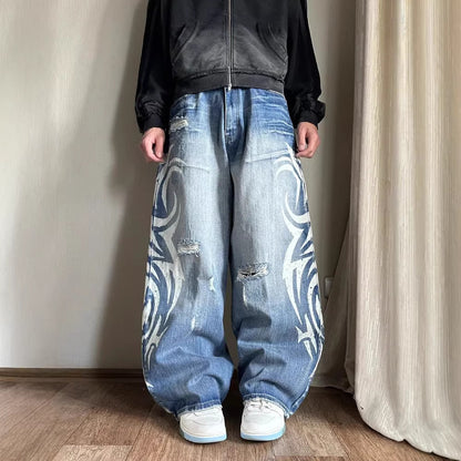 Retro Printed Wide Leg Denim Pants