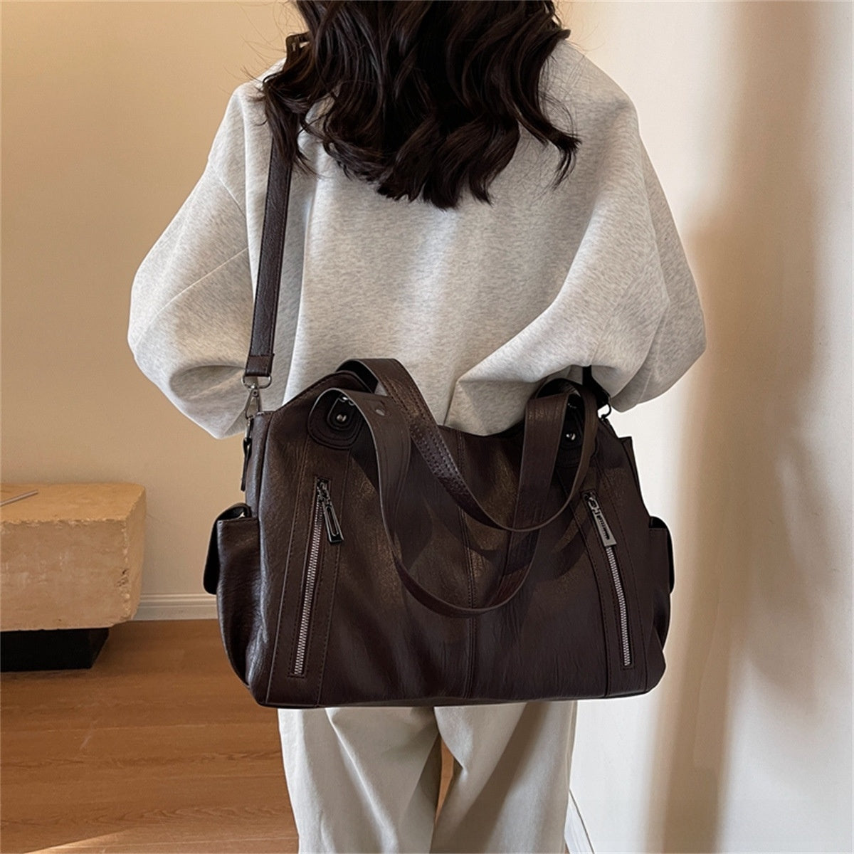 Retro PU Leather Tote Bag with Adjustable Strap