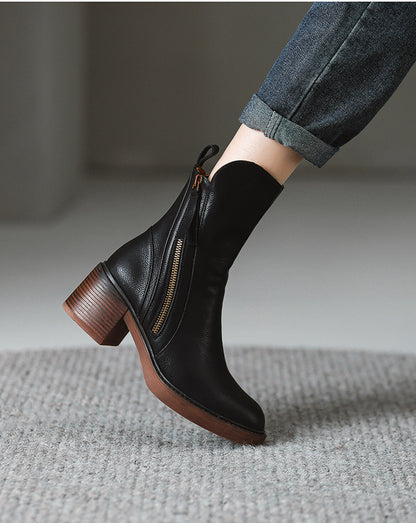 Retro Side Zipper Thick Heel Womens Boots