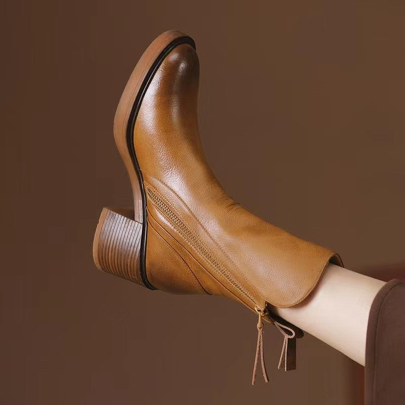 Retro Side Zipper Thick Heel Womens Boots