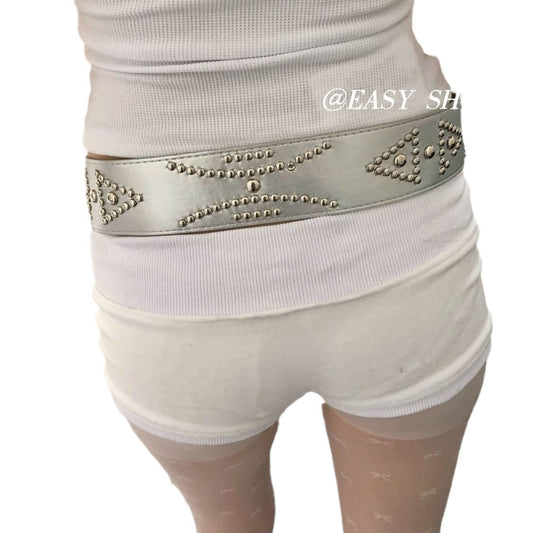 Retro Silver Wide Punk Belt with Rivets