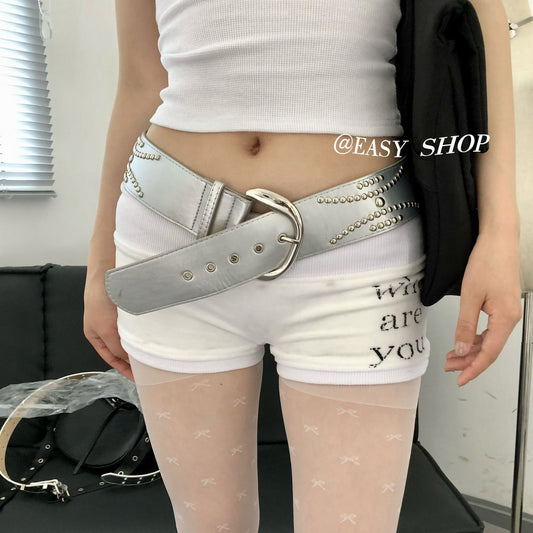 Retro Silver Wide Punk Belt with Rivets
