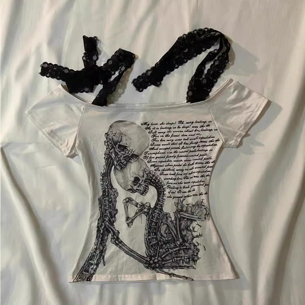 Retro Skull Print Slim-fit T-shirt