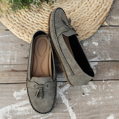 Retro Solid-Color Bow-Embellished Stitched Women’s Loafers