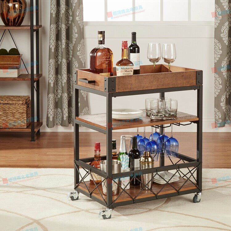 Retro Solid Wood Mobile Serving Cart