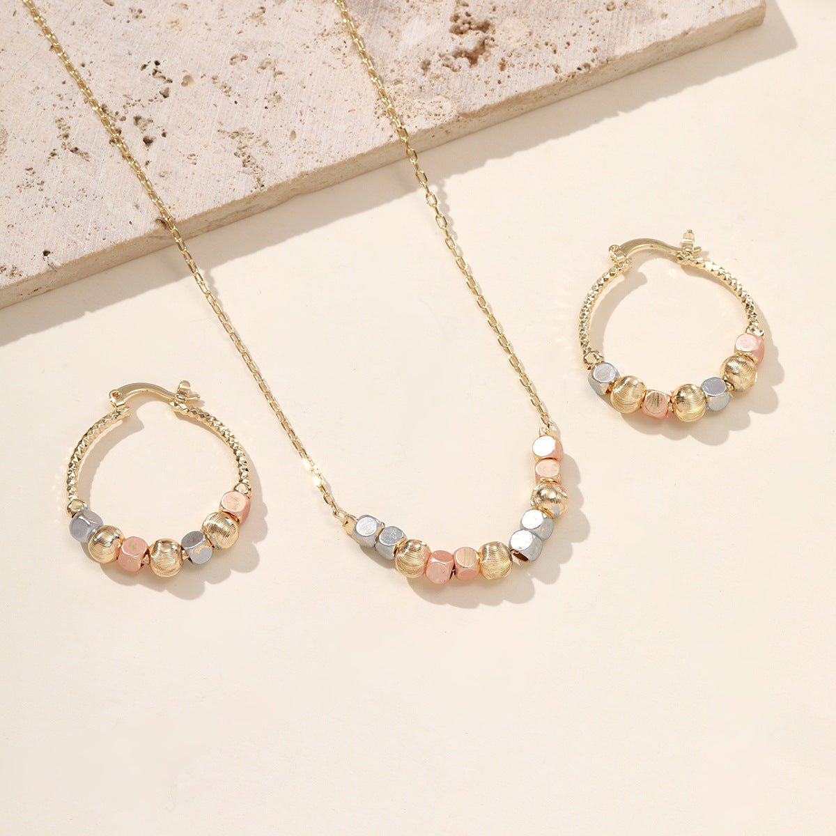 Retro Square Bead Earrings and Necklace Set