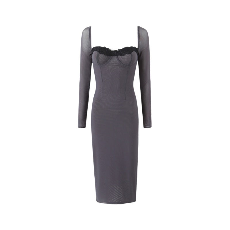 Retro Square Collar Lace Long-Sleeved Midi Dress