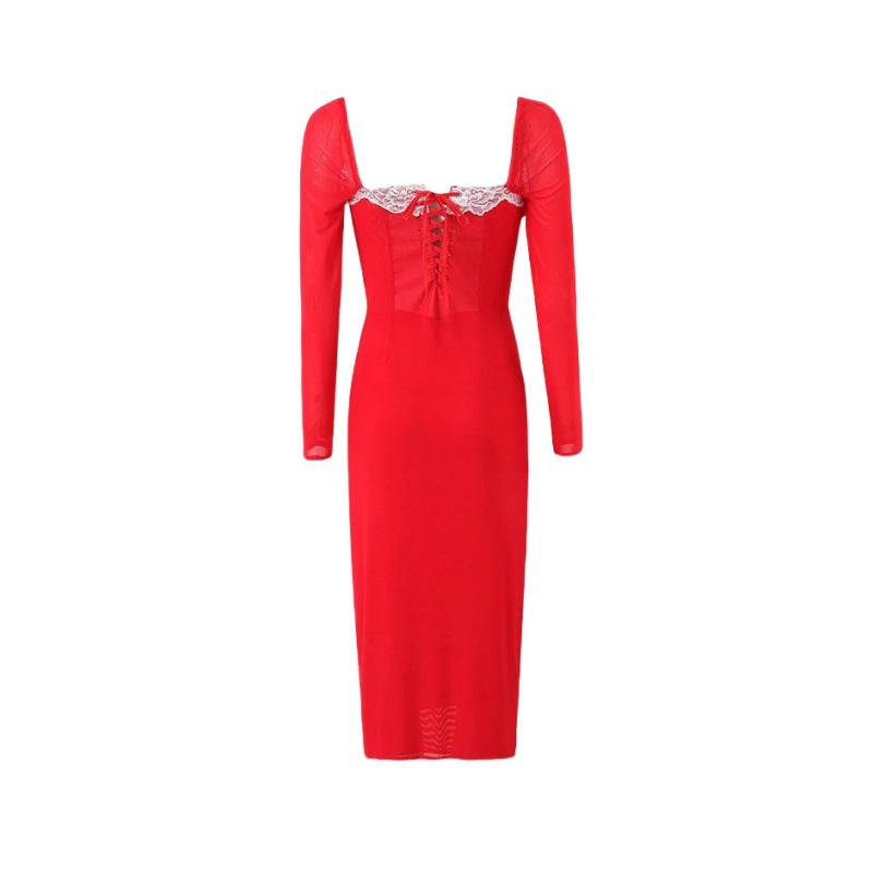 Retro Square Collar Lace Long-Sleeved Midi Dress