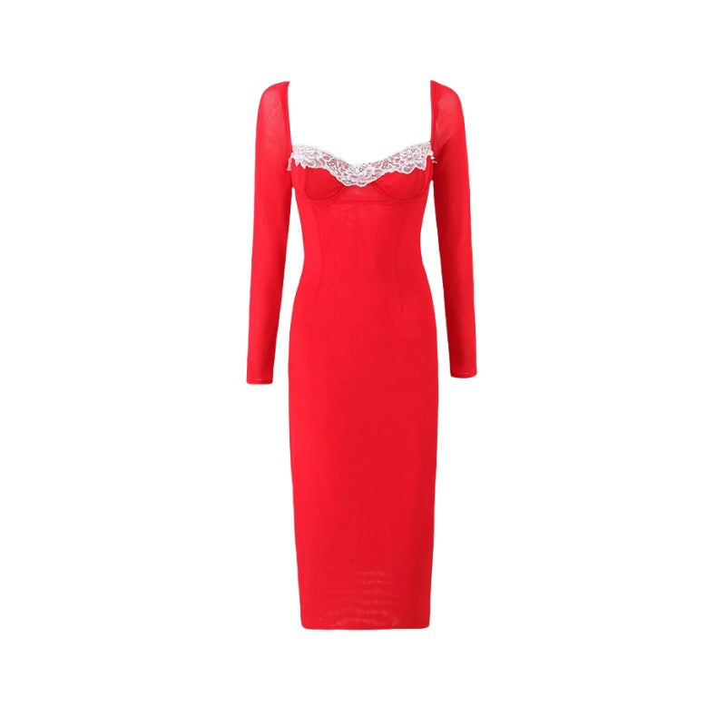 Retro Square Collar Lace Long-Sleeved Midi Dress