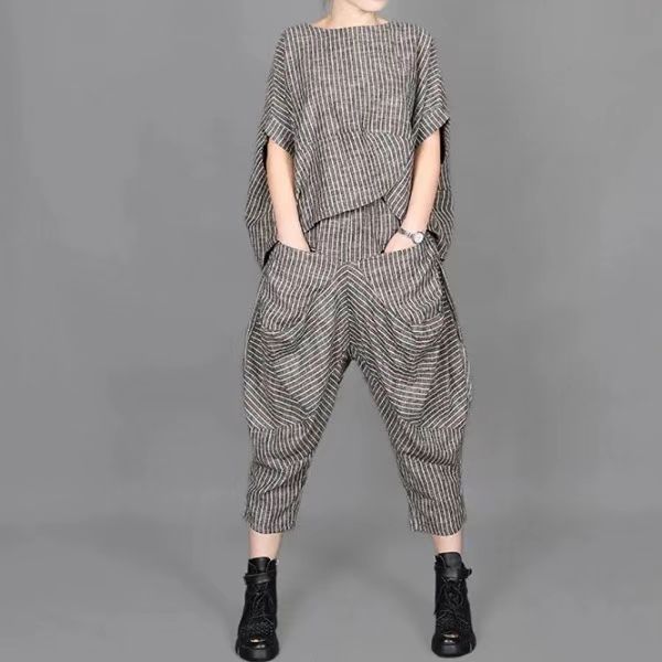 Retro Striped Casual Short-Sleeve Top and Lantern Pants Set