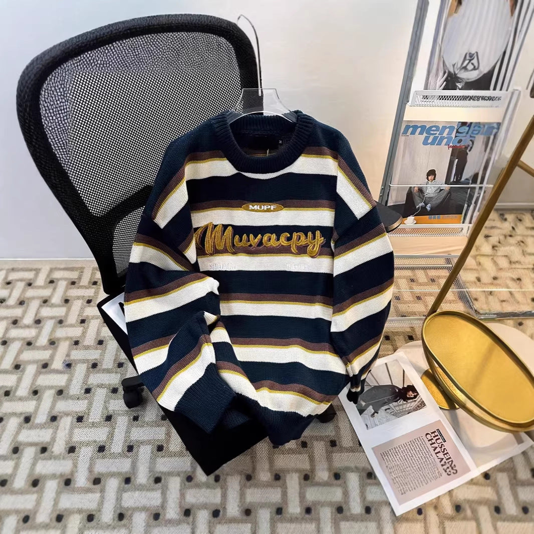 Retro Striped Crew Neck Knit Sweater