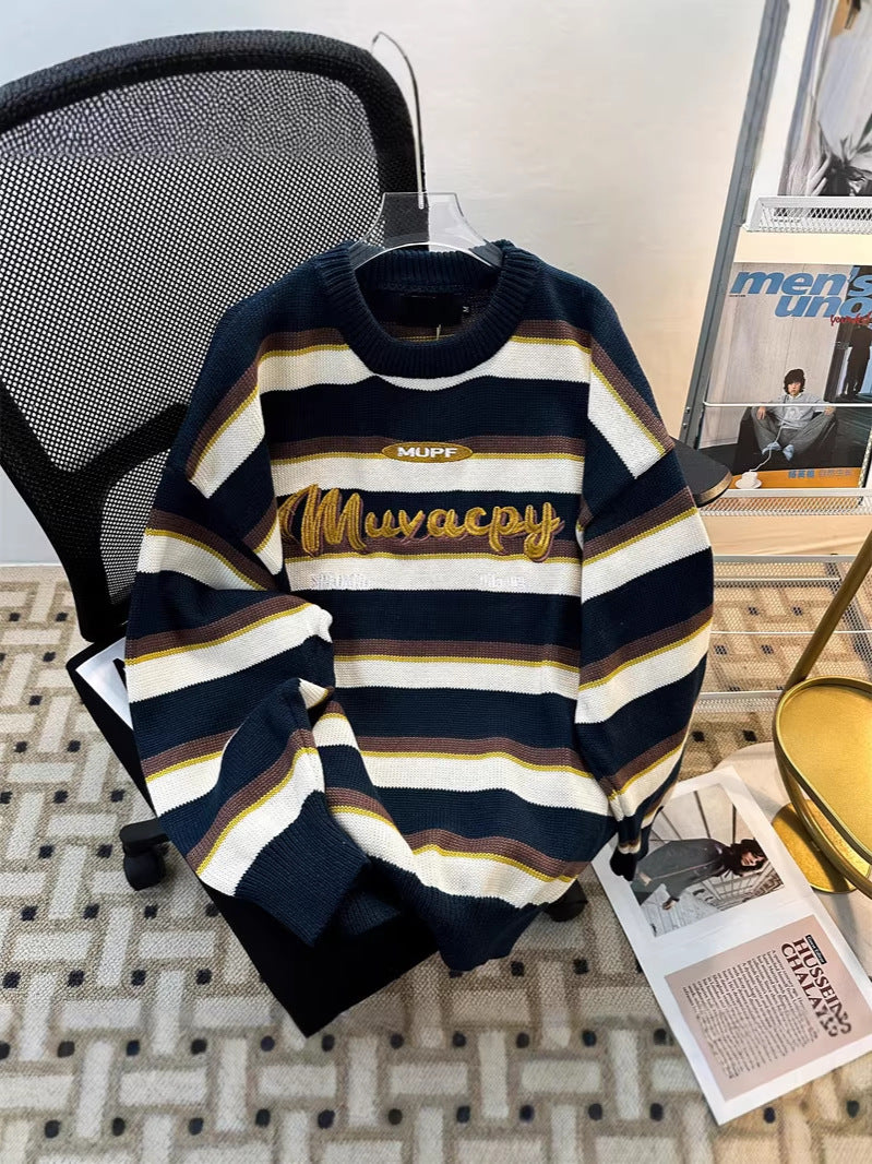 Retro Striped Crew Neck Knit Sweater