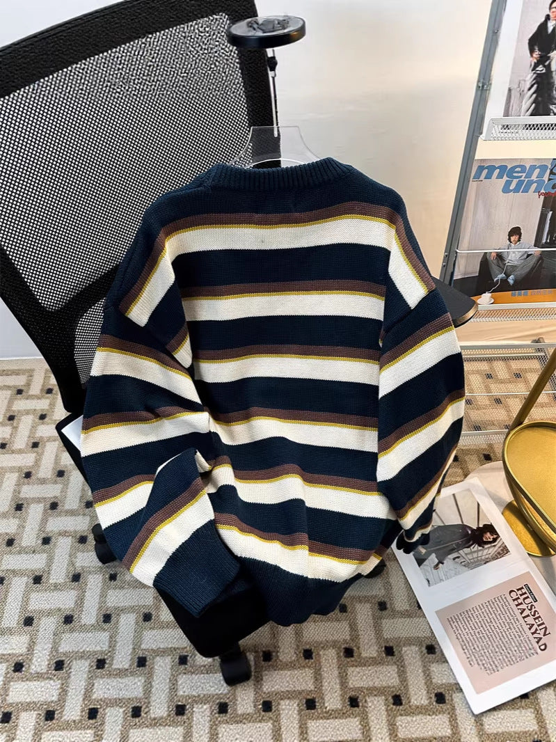 Retro Striped Crew Neck Knit Sweater