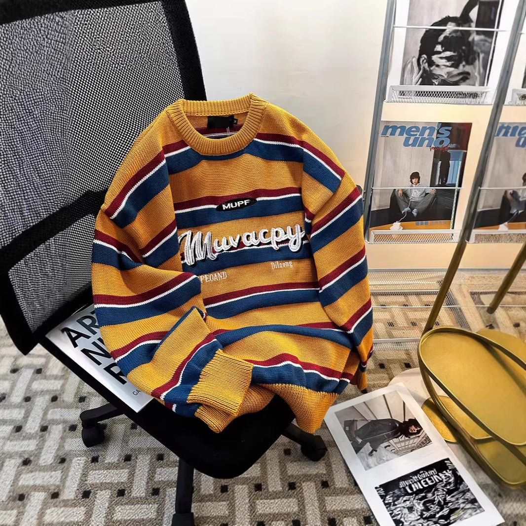 Retro Striped Crew Neck Knit Sweater