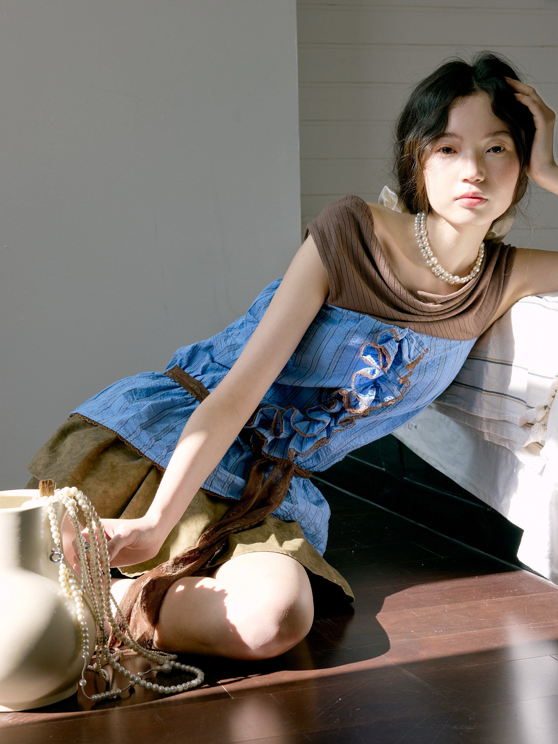 Retro Striped Off-Shoulder Top and Puffy Skirt Pants Set