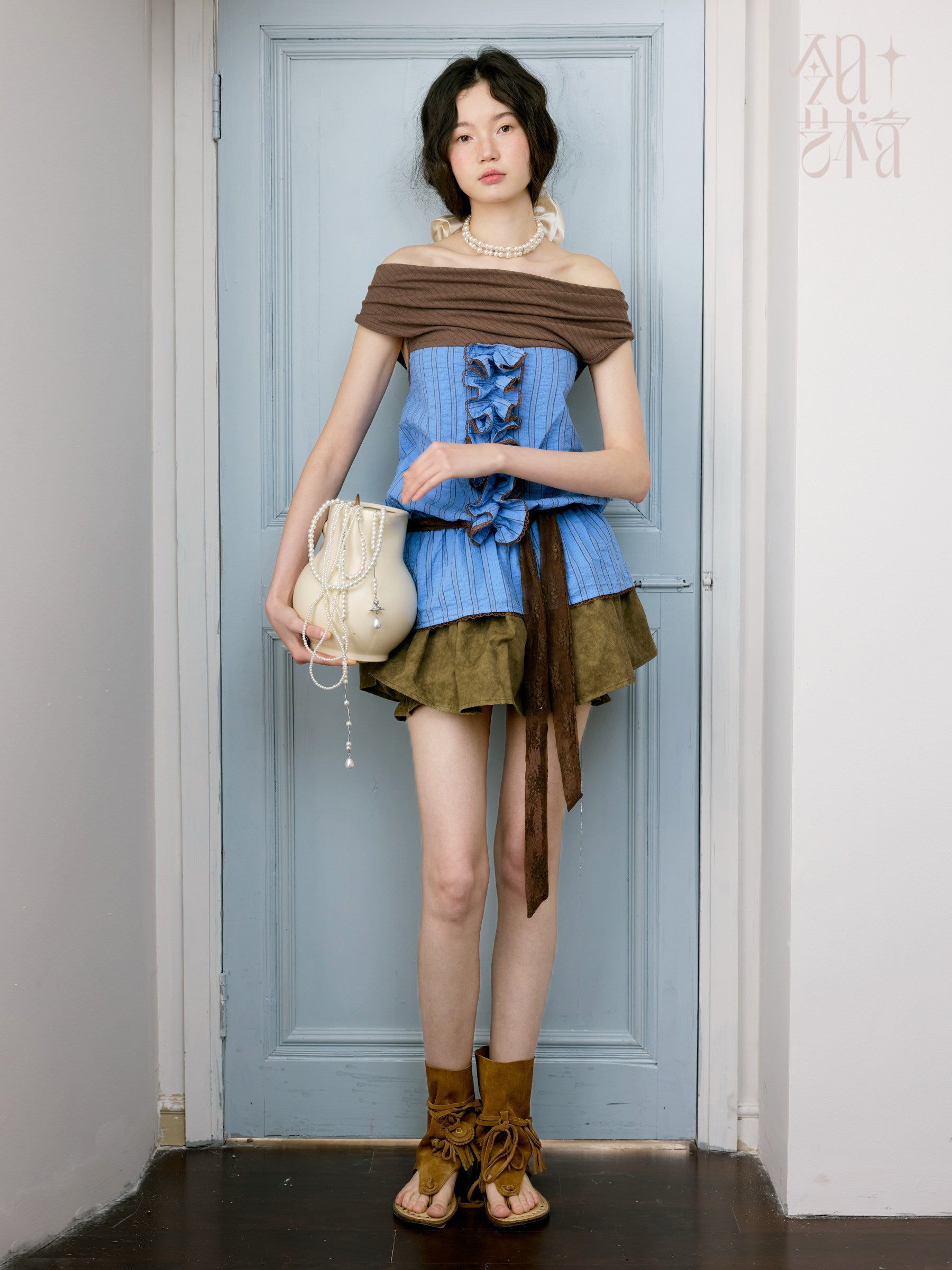 Retro Striped Off-Shoulder Top and Puffy Skirt Pants Set