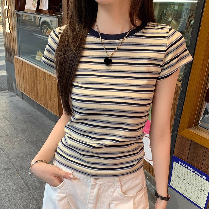 Retro Striped Short Sleeve T-Shirt for Women