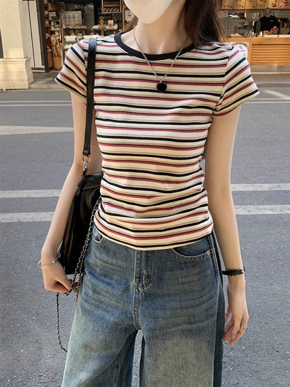 Retro Striped Short Sleeve T-Shirt for Women