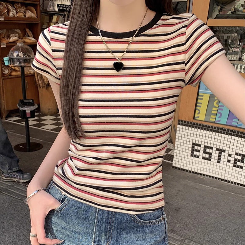 Retro Striped Short Sleeve T-Shirt for Women