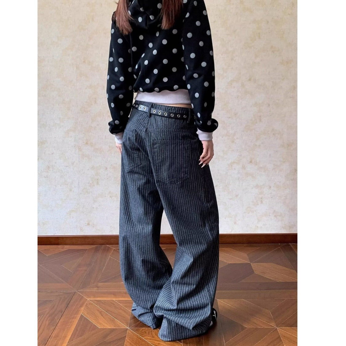Retro striped straight-leg denim trousers