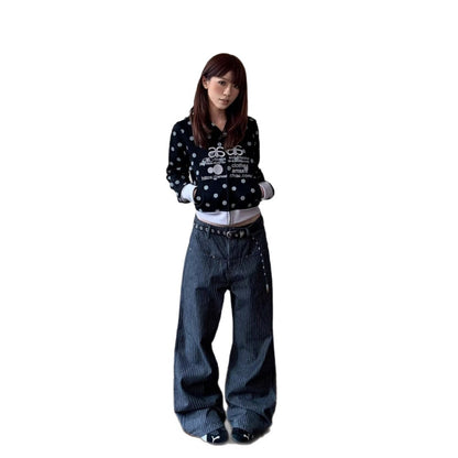 Retro striped straight-leg denim trousers