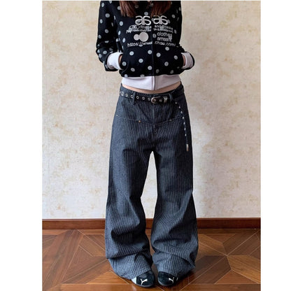 Retro striped straight-leg denim trousers