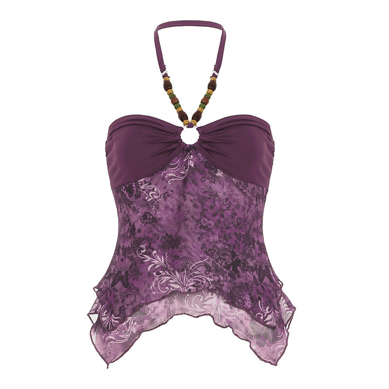 Retro Style Beaded Halterneck Suspender Irregular Hem Mesh Splicing Vest