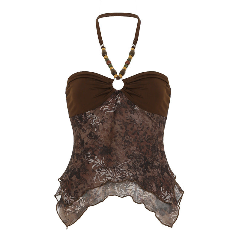 Retro Style Beaded Halterneck Suspender Irregular Hem Mesh Splicing Vest