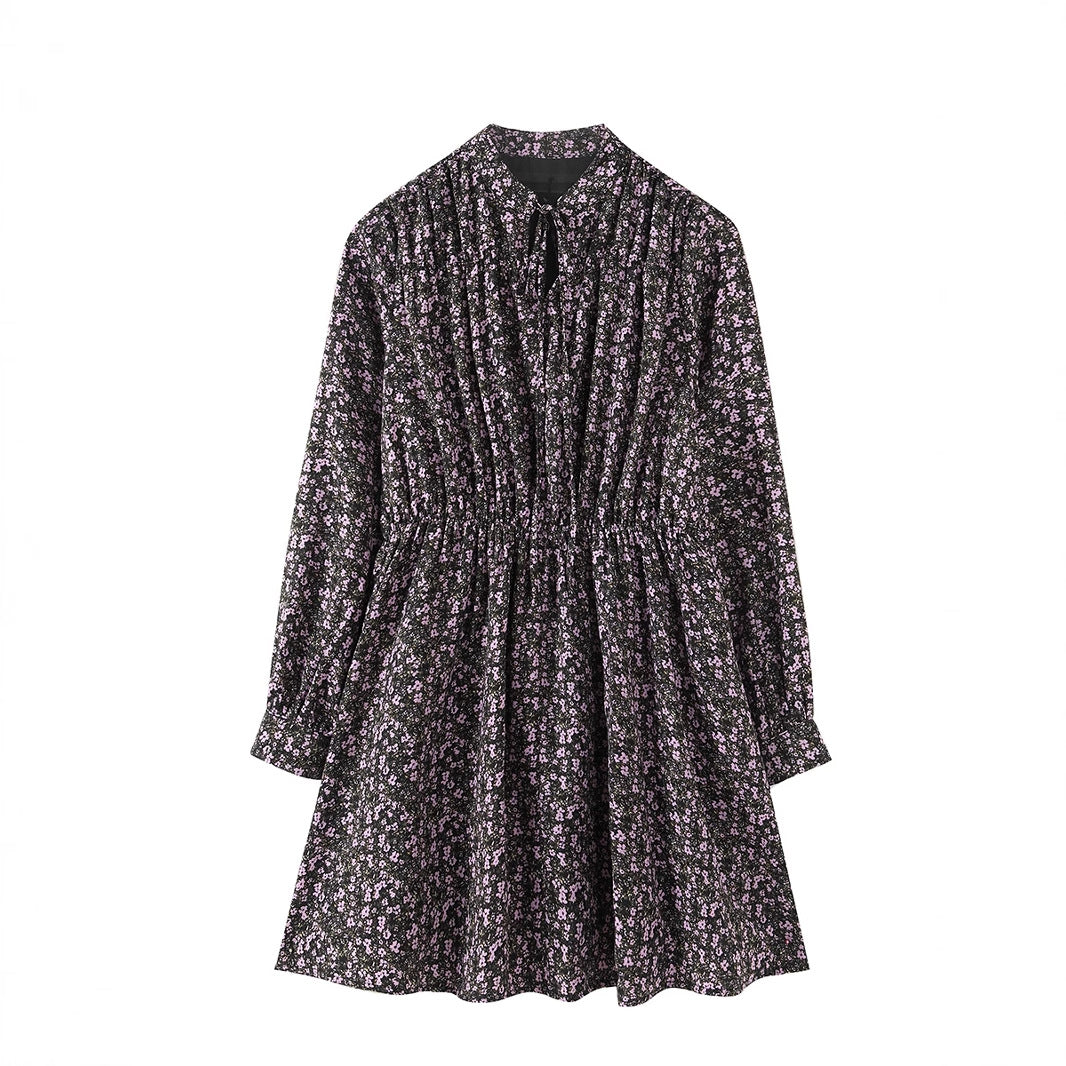 Retro-style V-neck chiffon floral print dress