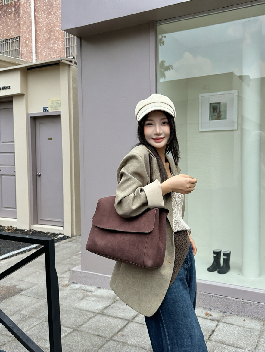 Retro Suede Leather Tote Bag with Shoulder Strap