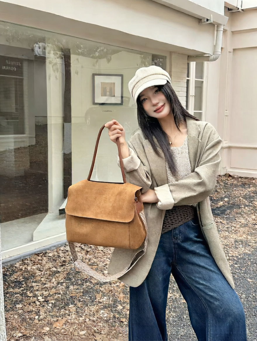 Retro Suede Leather Tote Bag with Shoulder Strap