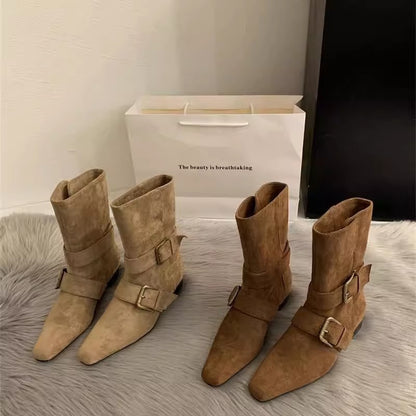 Retro Suede Square Toe Mid Calf Boots