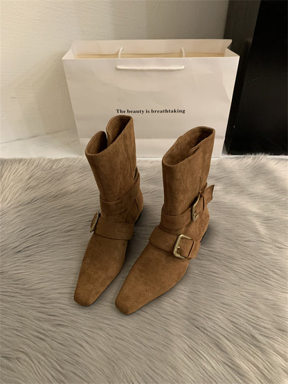 Retro Suede Square Toe Mid Calf Boots