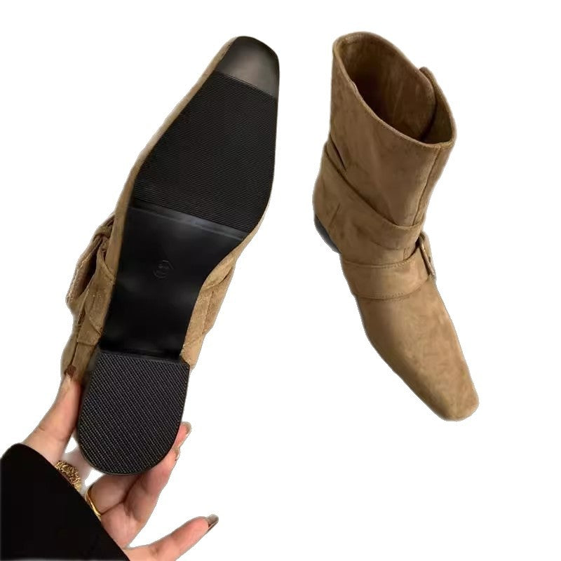 Retro Suede Square Toe Mid Calf Boots