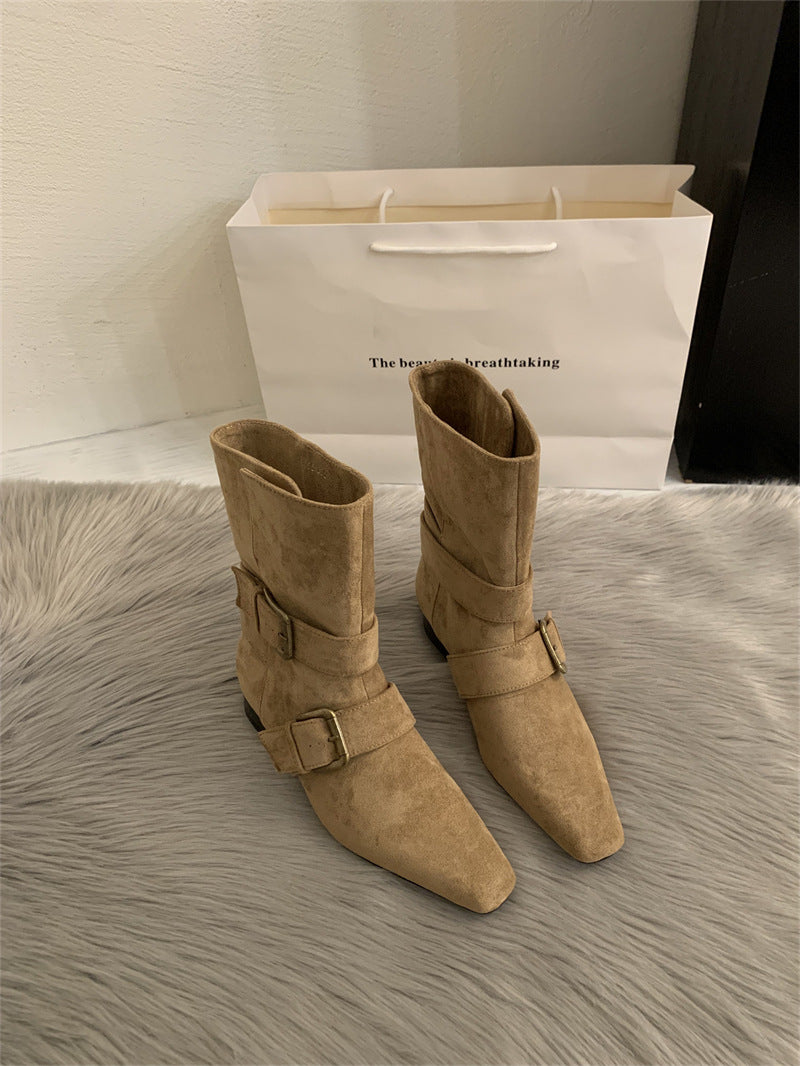 Retro Suede Square Toe Mid Calf Boots