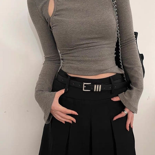 Retro versatile buttoned leather belt
