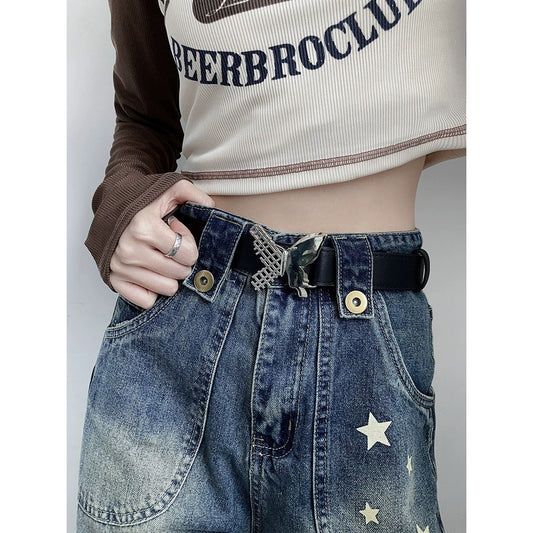 Retro versatile buttoned leather belt