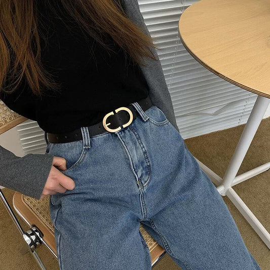 Retro versatile buttoned leather belt