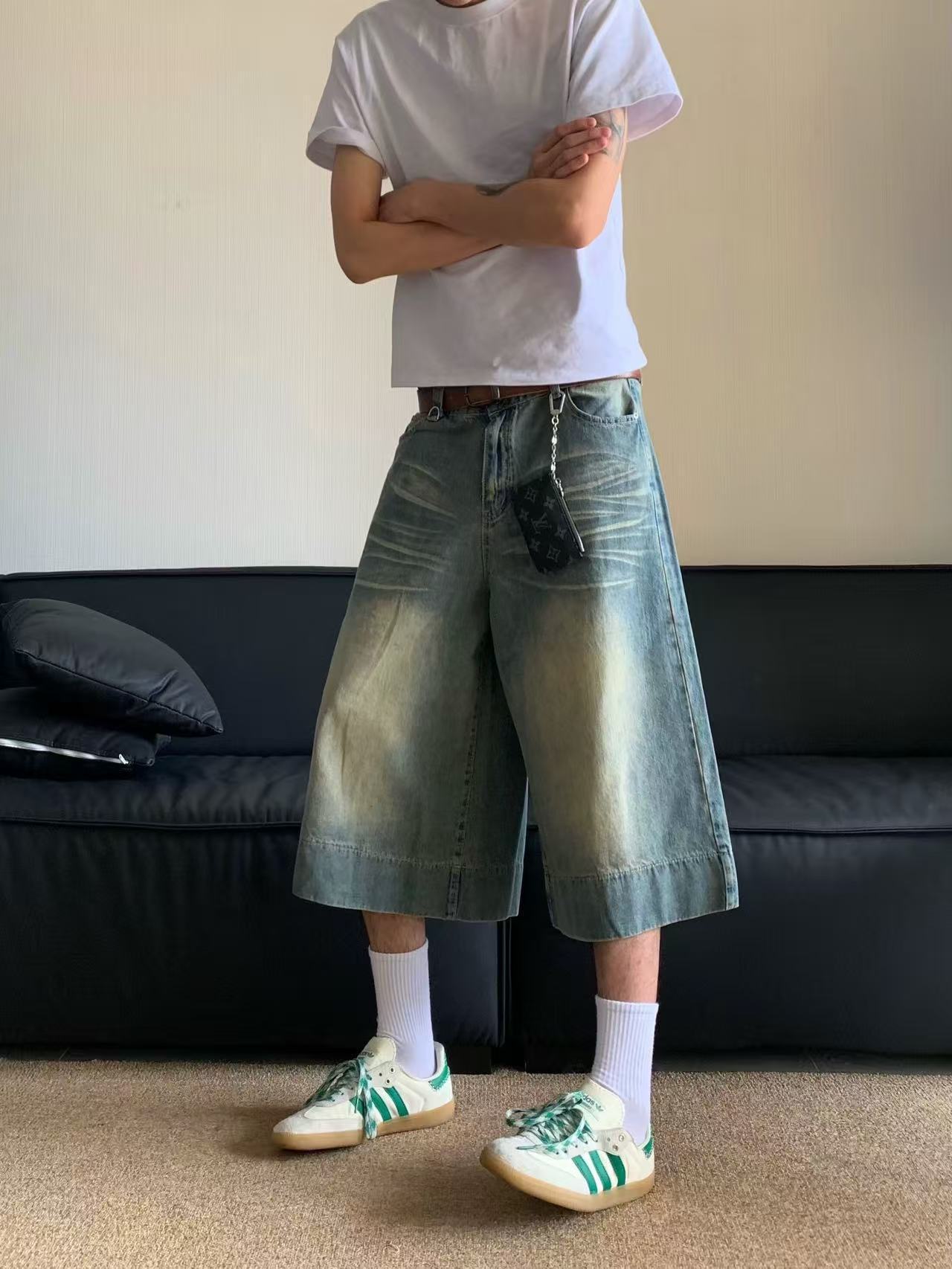 Retro Washed Denim Cropped Pants