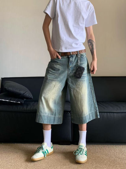 Retro Washed Denim Cropped Pants