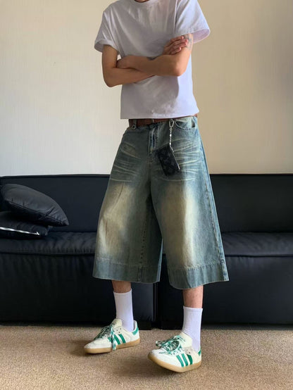 Retro Washed Denim Cropped Pants