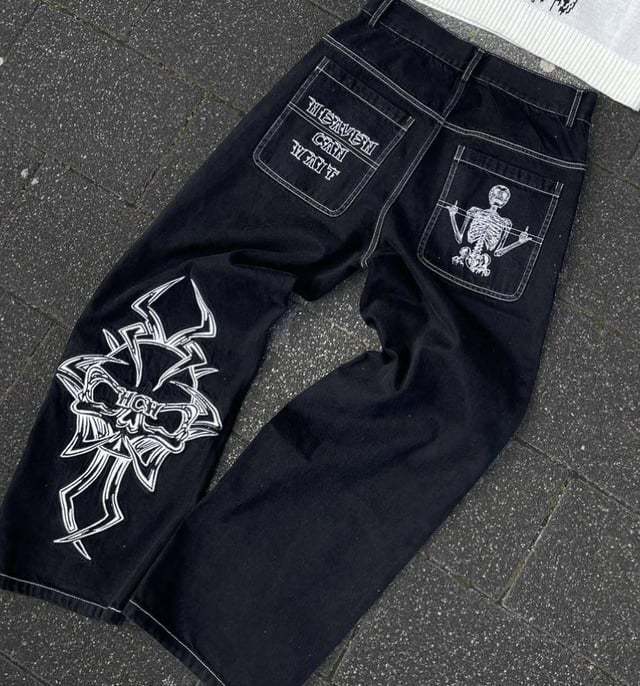 Retro Washed Denim Pants with Skull Embroidery