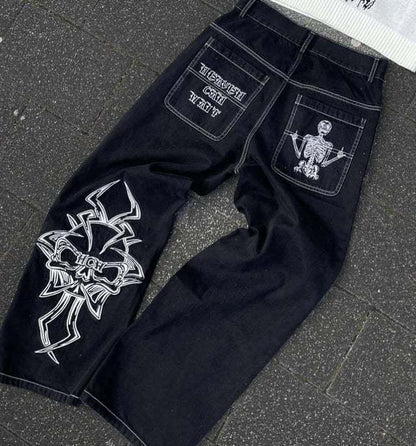 Retro Washed Denim Pants with Skull Embroidery