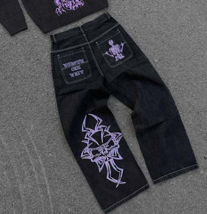 Retro Washed Denim Pants with Skull Embroidery