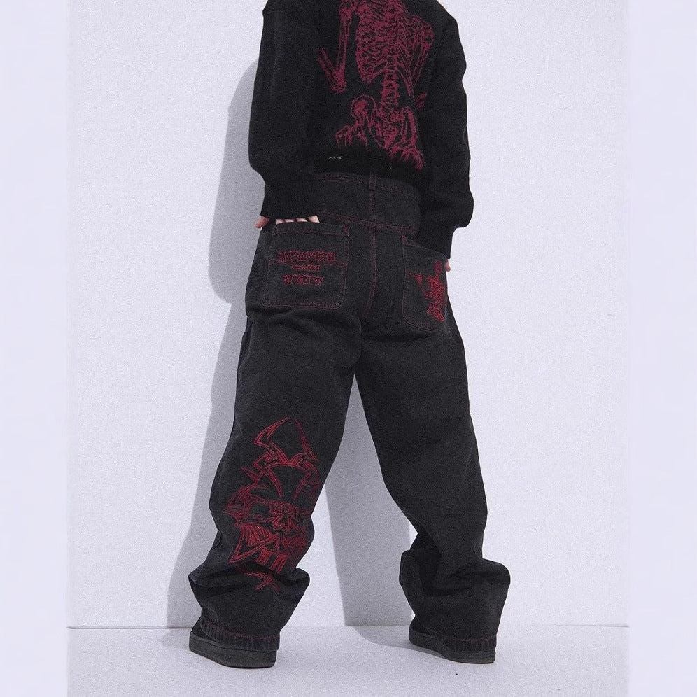 Retro Washed Denim Pants with Skull Embroidery