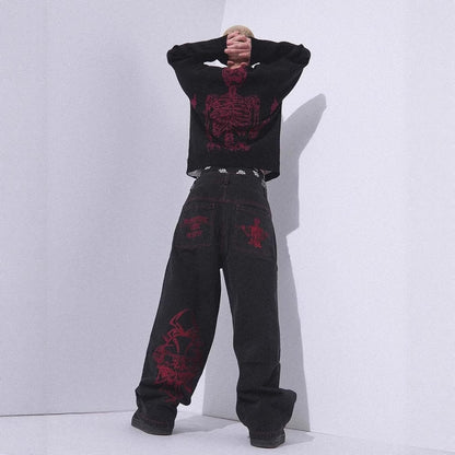 Retro Washed Denim Pants with Skull Embroidery