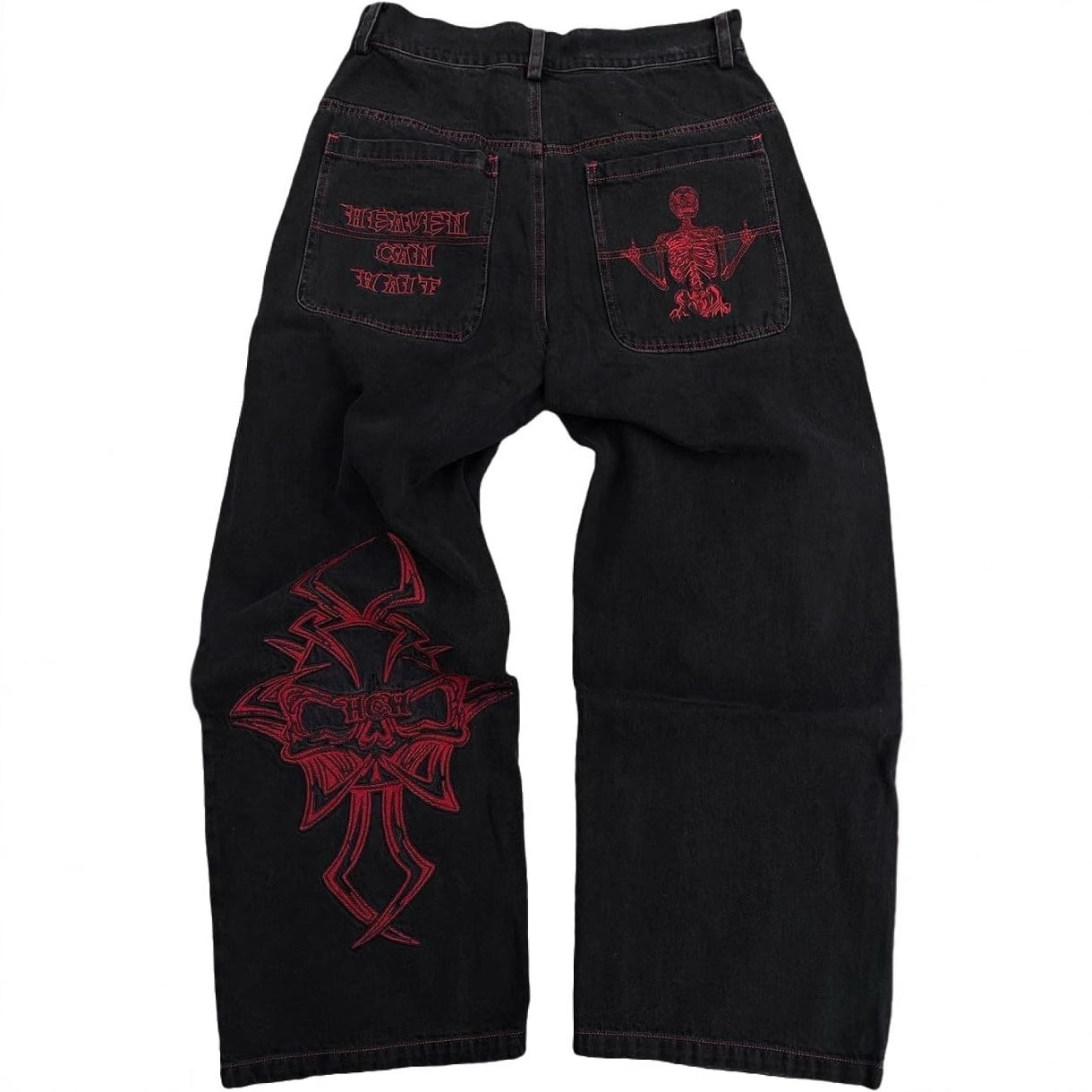 Retro Washed Denim Pants with Skull Embroidery