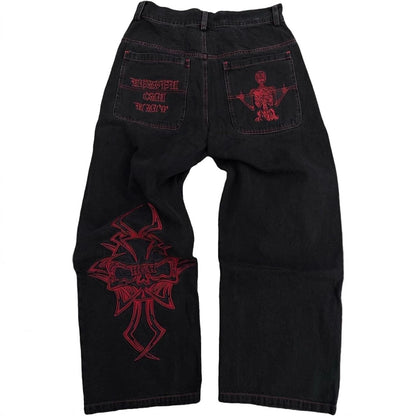 Retro Washed Denim Pants with Skull Embroidery